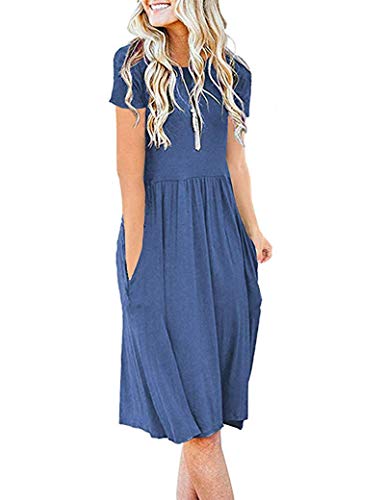 AUSELILY Damen Kleider Sommer Sommerkleider Knielang Kurzarm Freizeitkleid Schicke Shirtkleider mit Taschen (Beja Blau, S) von AUSELILY