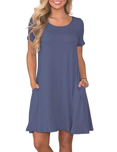 AUSELILY Damen Kleider Sommer Kurzarm Shirtkleider Kurz Sommerkleider Leicht Freizeitkleid mit Taschen Lila Grau S von AUSELILY