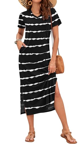 AUSELILY Damen Sommer Kurzarmkleid Leichten - Damen Maxi Schlitz Elegant Kleider Schwarz Gestreift XXL AUSELILY Damen Sommer Kurzarmkleid Leichten - Damen Maxi Schlitz Elegant Kleider Schwarz Gestreift XXL von AUSELILY