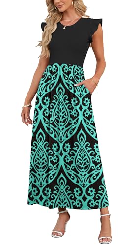 AUSELILY Damen Sommer Maxikleid Rüschen und kurzen Ärmeln Bodenlanger Rock mit Taschen Freizeit Strandkleid Große Größen(Schwarz Grün) von AUSELILY