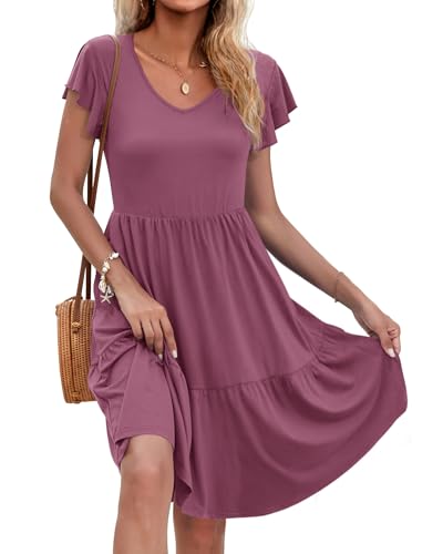 AUSELILY Damen Sommerkleid Rüschen Kurzarm Elegante V-Ausschnitt Kleider Swing Knielanges A-Linie Freizeit Strandkleid Gestuftes Kleider mit Tasche Mauve 2XL AUSELILY Damen Sommerkleid Rüschen Kurzarm Elegante V-Ausschnitt Kleider Swing Knielanges A-Linie Freizeit Strandkleid Gestuftes Kleider mit Tasche Mauve 2XL von AUSELILY