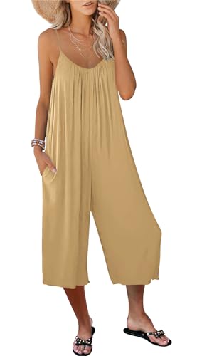 AUSELILY Jumpsuit Damen Sommer Ärmellos Overall Damen Sommer Locker V Ausschnitt Romper Lässig Weites Bein Hosenanzug Playsuit mit Taschen Leicht und Luftig Braun Khaki L von AUSELILY