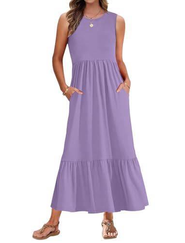 AUSELILY Maxikleid Damen Sommer Ärmelloses Rundhals Kleider Damen Sommer Lang Strandkleid Tank Top Kleider Leicht und Luftig mit Taschen Elastischer Taille Hellviolett L von AUSELILY