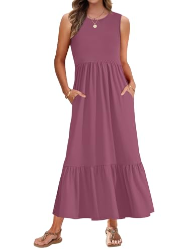 AUSELILY Maxikleid Damen Sommer Ärmelloses Rundhals Kleider Damen Sommer Lang Strandkleid Tank Top Kleider Leicht und Luftig mit Taschen Elastischer Taille Mauve L von AUSELILY