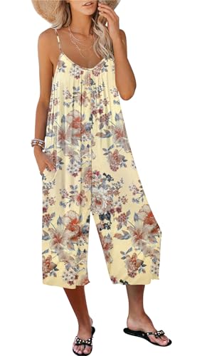 AUSELILY Overall Damen Sommer Strand Jumpsuit Damen Sommer Ärmellos Locker V Ausschnitt Romper Weites Bein Hosenanzug Playsuit mit Taschen Apricot Tinte Blume L von AUSELILY