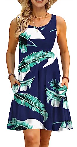 AUSELILY Shirt-Kleid für Damen Ärmelloses Sommer Strand Boho Blumenmuster Urlaubkleid(Print Blau,2XL) von AUSELILY