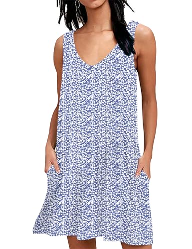 AUSELILY Sommerkleid Damen Ärmellose Strandkleid Leicht Swing Kleid V Ausschnitt Mini Kleid mit Taschen Blume Blau Violett 2XL AUSELILY Sommerkleid Damen Ärmellose Strandkleid Leicht Swing Kleid V Ausschnitt Mini Kleid mit Taschen Blume Blau Violett 2XL von AUSELILY