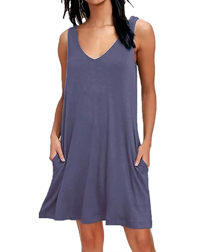 AUSELILY Sommerkleid Damen Ärmellose Strandkleid Leicht Swing Kleid V Ausschnitt Mini Kleid mit Taschen Lila Grau M AUSELILY Sommerkleid Damen Ärmellose Strandkleid Leicht Swing Kleid V Ausschnitt Mini Kleid mit Taschen Lila Grau M von AUSELILY
