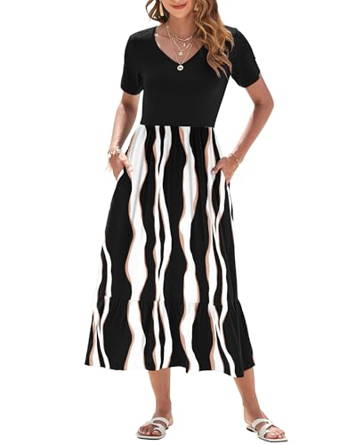 AUSELILY Sommerkleid Damen Lang Kurzarmkleid Maxikleid Damen Sommer V Ausschnitt Empire Taillen Strandkleider mit Taschen Schwarz Streifen M AUSELILY Sommerkleid Damen Lang Kurzarmkleid Maxikleid Damen Sommer V Ausschnitt Empire Taillen Strandkleider mit Taschen Schwarz Streifen M von AUSELILY