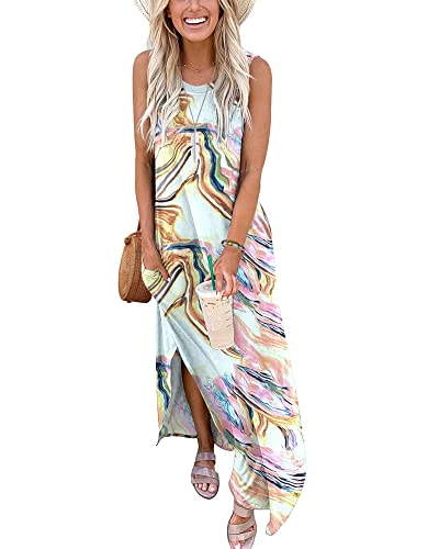 AUSELILY Sommerkleider Damen Lang Maxikleider Boho Strandkleider Lange Sommer Leicht mit Taschen Bunte Linien L von AUSELILY