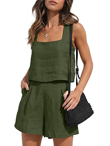 AUTOMET 2-teiliges Outfit für Damen, Sommer, lässig, bauchfrei, Tanktop, kurze Sets, niedlich, ärmellos, quadratischer Ausschnitt, Trainingsanzug mit Taschen, Army Grün, Medium von AUTOMET