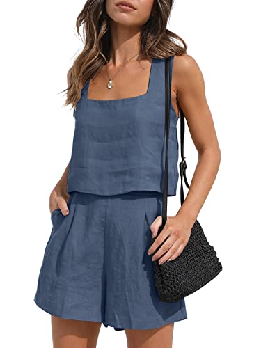 AUTOMET Damen 2-teilige Outfits Lounge passende Sets Zweiteilige Leinen-Shorts Crop Tops 2023 Trendy Kleidung Sommer Urlaub Set, Marineblau, S von AUTOMET