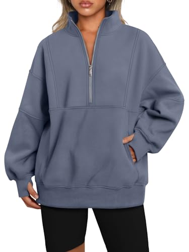 AUTOMET Damen Half Zip Oversized Sweatshirts Fleece Langarm Hoodies Casual Pullover mit Taschen, Grau/Blau, L von AUTOMET