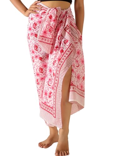 Sarong für Damen, 100 % Baumwolle, indischer Handblockdruck, Badeanzug, Pareo, Wickelrock, Strand-Bikini, lang, 185,4 x 109,2 cm, rot / weiß, 42" X 70" Sarong für Damen, 100 % Baumwolle, indischer Handblockdruck, Badeanzug, Pareo, Wickelrock, Strand-Bikini, lang, 185,4 x 109,2 cm, rot / weiß, 42" X 70" von AUZURE
