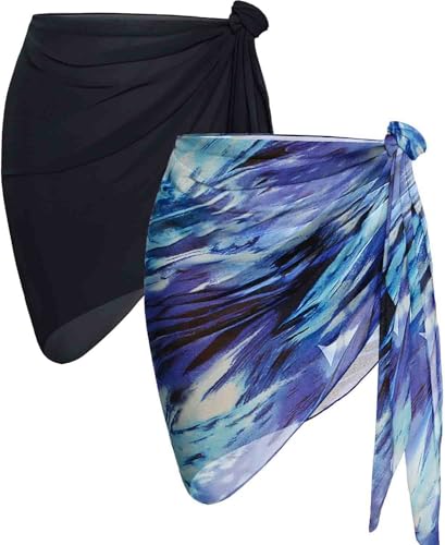 AVAYUU 2 Stück Damen Strand Wrap Sarong Vertuschung Chiffon Badeanzug Kurz Bikini Cover up Wickelröcke Leopard Blätter Kokospalme Sexy Pareos Strandtuch Strandkleid Tücher Sommer L-XXL von AVAYUU