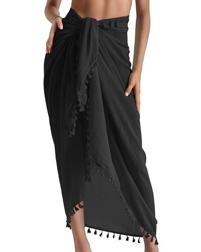 AVAYUU Damen Sarong Pareo Strand Wickelrock Lang Strandkleid Tücher Sexy Bikini Vertuschen Sommer Badeanzug Cover up Strandtuch Vertuschung Wrap TapisserieWickeltuch mit Quaste Schwarz von AVAYUU