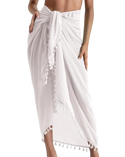 AVAYUU Damen Sarong Pareo Strand Wickelrock Lang Strandkleid Tücher Sexy Bikini Vertuschen Sommer Badeanzug Cover up Strandtuch Vertuschung Wrap TapisserieWickeltuch mit Quaste Weiß von AVAYUU