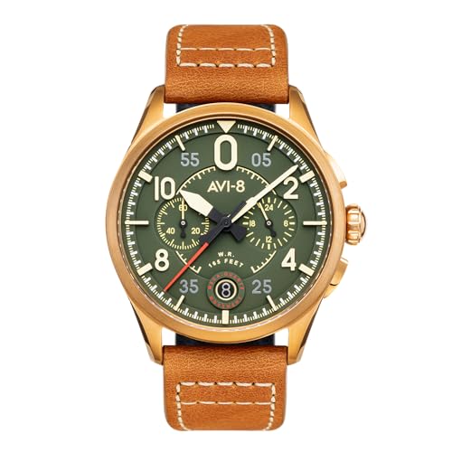 AVI-8 Herren 42mm Spitfire Lock Chronograph Bronze Green Japanische Quarz-Fliegeruhr mit Lederarmband AV-4089-02 von AVI-8