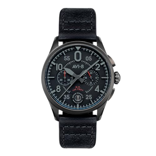 AVI-8 Herren 42mm Spitfire Lock Chronograph Slate Black Japanische Quarz-Fliegeruhr mit Lederarmband AV-4089-03 von AVI-8