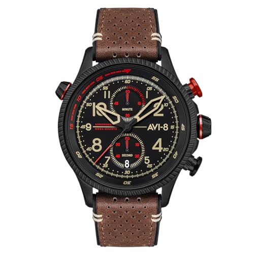 AVI-8 Herren 43mm Hawker Hunter Duke Chronograph Tangmere Japanische Meca-Quarz Fliegeruhr mit Lederarmband AV-4080-04 von AVI-8