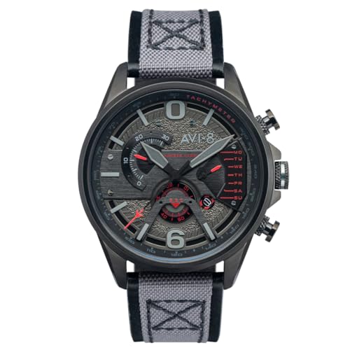 AVI-8 Herren 44mm Hawker Harrier II Dual Retrograde Chronograph Stealth Black Japanische Quarz-Fliegeruhr mit Lederarmband AV-4056-05 von AVI-8