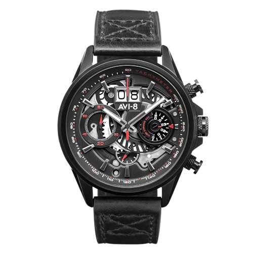 AVI-8 Herren 45mm Hawker Harrier Matador Chronograph Stealth Black Japanische Quarz-Fliegeruhr mit echtem Lederarmband AV-4065-05 von AVI-8