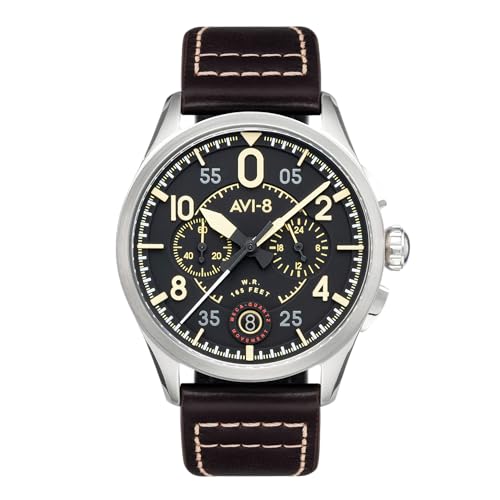 AVI-8 Herren 42mm Spitfire Lock Chronograph Midnight Oak Japanische Quarz-Fliegeruhr mit Lederarmband AV-4089-01 von AVI-8