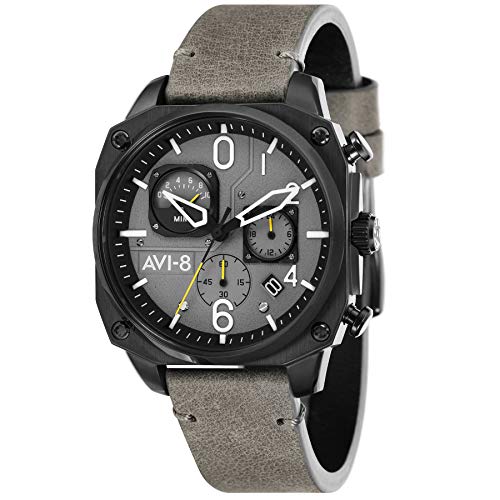 AVI-8 Herren 45mm Hawker Hunter Retrograde Chronograph Sea Gray Japanische Quarz-Fliegeruhr mit Lederarmband AV-4052-03 von AVI-8