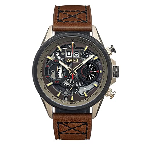 AVI-8 Herren 45mm Hawker Harrier Matador Chronograph Desert Brown Japanische Quarz-Fliegeruhr mit echtem Lederarmband AV-4065-06 von AVI-8