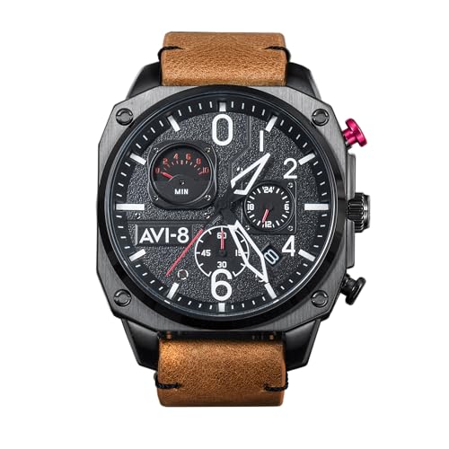 AVI-8 Herren 45mm Hawker Hunter Retrograde Chronograph Charcoal Ember Brown Japanische Quarz-Fliegeruhr mit Lederarmband AV-4052-02 von AVI-8