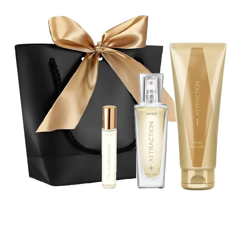 AVON Cosmetics Pflege-Geschenkset ATTRACTION Eau de Parfum 30 ml Taschenspray 10 ml Body Lotion 125 ml für Sie Set, 3-tlg., Langanhaltende Wirkung, Pflegende Körperlotion, Einzigartiger Duft von AVON Cosmetics