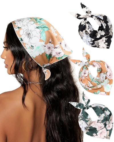 AWAYTR 3 x florale Haarbandanas aus Chiffon, Kopftuch für Damen und Mädchen, Boho-Haarschal, Stirnband, Bandana, Gänseblümchen, Spitze, Kopftuch, Blume - Grün / Gelb / Schwarz, 35.43 x 13.39 x 23.62 von AWAYTR