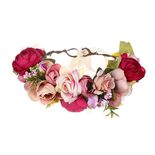 AWAYTR Blumen Stirnband Hochzeit Haarkranz Krone - Frauen Mädchen Blumenkranz Haare für Hochzeit Party (Rosenrot + Pink) von AWAYTR