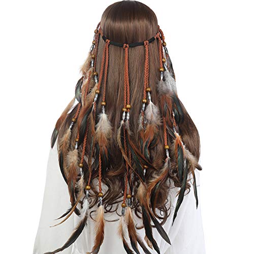 AWAYTR Feder Kopfschmuck Boho Hippie Stirnband - Fancy Federschmuck Böhmische Kopfbedeckung Quaste für Damen Mädchen Karneval Kopfschmuck, Khaki, Einheitsgröße von AWAYTR