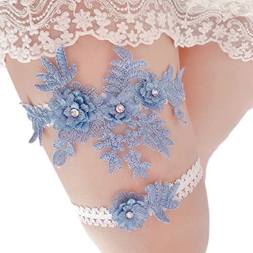 AWOCAN 2 STÜCKE Hochzeit Strumpfband Zubehör Blume Spitze Strass Elastische Brautstrumpfbänder, Blauer Brautstrumpf Blumenornamente für Brautjungfer Hochzeitsbevorzugung Dekoration (A) von AWOCAN