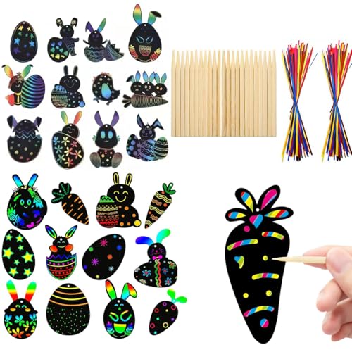AWOGIPD 24 PCS Kratzbilder, Ostern Kratzbilder, Ostereierhasen-Kükenform mit Bändern Kratzstift, Magische Bunte Regenbogen-Scratch-Papierkarte Scratch Crafts AWOGIPD 24 PCS Kratzbilder, Ostern Kratzbilder, Ostereierhasen-Kükenform mit Bändern Kratzstift, Magische Bunte Regenbogen-Scratch-Papierkarte Scratch Crafts von AWOGIPD