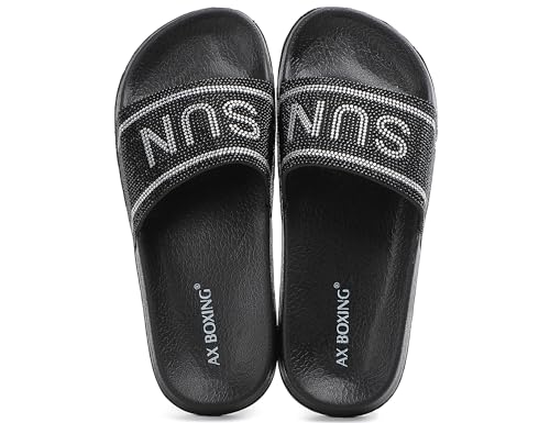 AX BOXING Badelatschen Damen Sommer Badeschlappen Schlappen Weich Badeschuhe Rutschfest Hausschuhe Slides Indoor Outdoor Größe 36-41 EU(Schwarz_12,36 EU) von AX BOXING