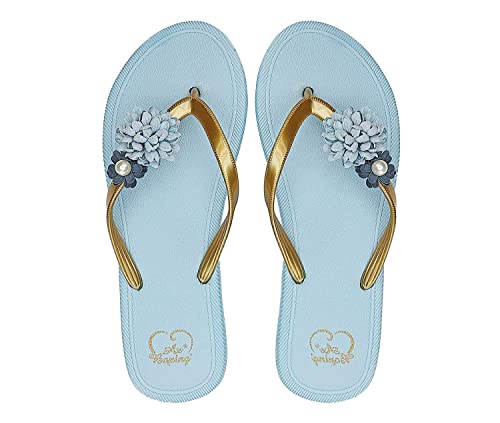 AX BOXING Flip Flops Damen Sommer Flach Zehentrenner Blumen Badelatschen Rutschfest Badeschlappen Indoor Outdoor Hausschuhe Größe 36-41 EU (Blau,41 EU) von AX BOXING