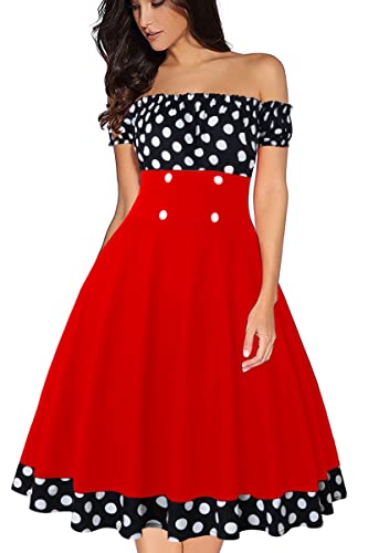 AXOE Damen Schulterfrei Kleid 50er Jahre Cocktailkleid mit Kurz Ärmel Knielang Rot Schwarz Weiß Polka Dots Gr.38, M von AXOE