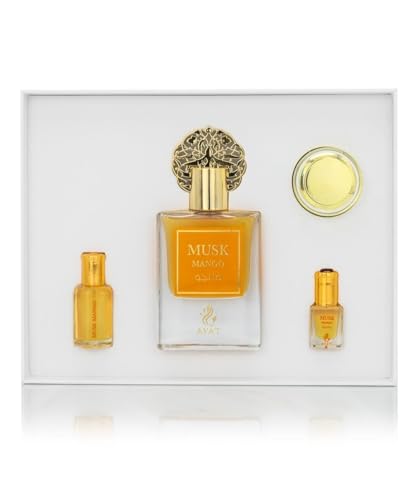 Ayat Perfumes Set Prestige Complet Musk Collection – Eau de Parfum 50 ml, Moschus 5 ml, Duftöle 12 ml & Sahne von 18 g – Duft Dubai (CMusk Mango) von AYAT PERFUMES