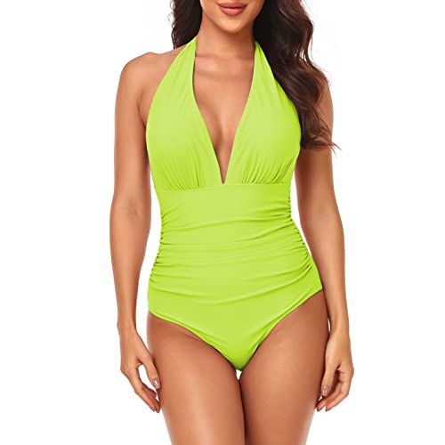 AYAZER Badeanzug Damen Bikini-Damen Badeanzug Neckholder Bauchweg Rückenfrei Monokini V Ausschnitt Ruched Einteilige Bademode Swimsuit Bikini MäDchen Bikini Damen Bauchweg Ruffle Tankini GrüN XL von AYAZER