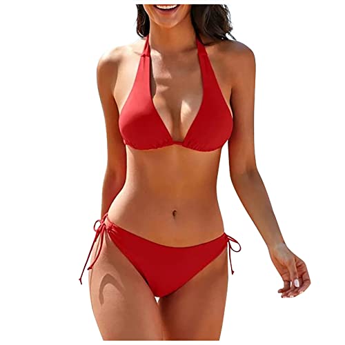 AYAZER Bikini Set, Bikini Top Damen Bikini Damen Push Up Bikini Mädchen Urlaub Sexye Polyester Bikini Summer V Ausschnitt Schlicht Bikini Damen Coole Ärmellos Gemütlich Crop Rot XL von AYAZER