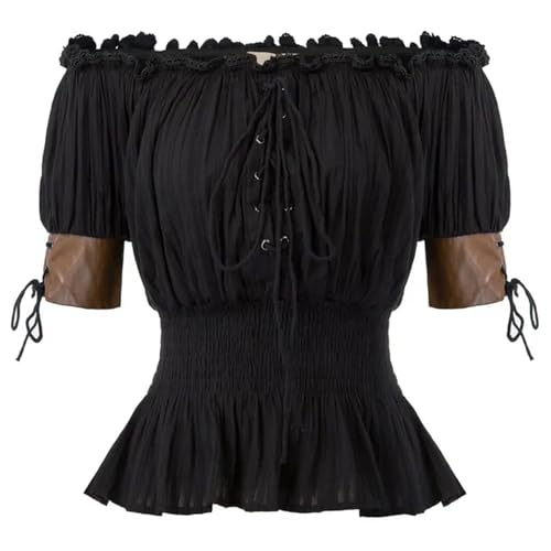 AYAZER Damen-Retro-Hemden, Retro-Steampunk-Oberteile, Victoria, halbe Ärmel, schulterfreie Hemden, koreanischer Stil, süße, lockere Kleidung, Schwarz, XL von AYAZER