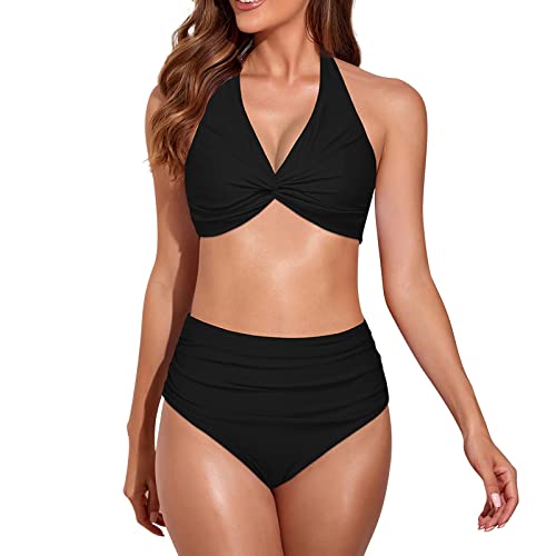 AYAZER High Waist Bikini, Bikini Set Damen Bikini Damen Set Bikini Damens Ärmellose Bikini Kurzes Polyester Sexye V Ausschnitt Bikini Damen Einfarbig Leichtes Sommer Soft Reisen Schwarz XXL von AYAZER