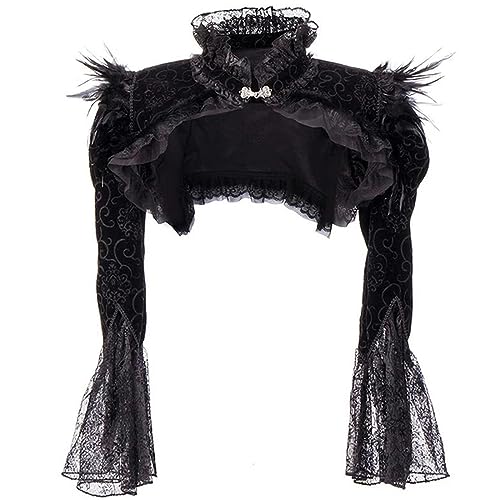 AYAZER Schwarze viktorianische Gothic-Bolero-Damenjacke mit Federn, Stehkragen, langärmelige Spitze und Cordjacken-Schwarz-S von AYAZER