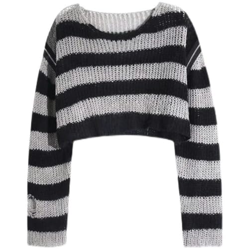 AYAZER Vintage zerrissener Pullover für Damen, abgeschnitten, gestreift, Strickpullover, schulterfrei, sexy Strickwaren, Y2K-koreanische Mode, übergroß, Schwarz, L von AYAZER