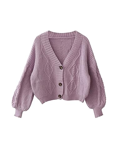 AYAZER Weißer Cardigan-Strickpullover für Damen, modischer, lockerer Langarmpullover mit V-Ausschnitt, koreanischer Retro-Kapuzenpullover im Retro-Stil, Violett, Einheitsgröße von AYAZER