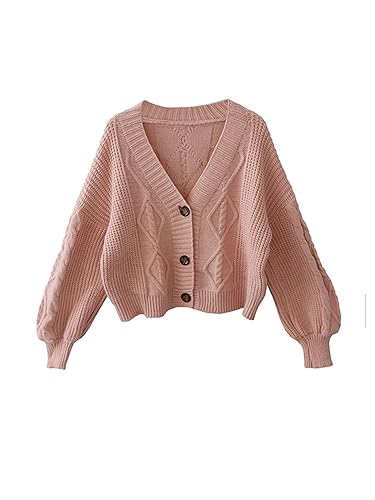 AYAZER Weißer Damen-Cardigan-Strickpullover, modischer, lockerer Langarm-Pullover mit V-Ausschnitt, koreanischer Retro-Kapuzenpullover im Retro-Stil, Rosa, Einheitsgröße von AYAZER