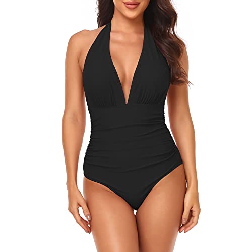 Badeanzug Damen Bikini-Damen Badeanzug Neckholder Bauchweg Rückenfrei Monokini V Ausschnitt Ruched Einteilige Bademode Swimsuit Bikini MäDchen Bikini Damen Bauchweg Oversize Tankini Damen Schwarz L von AYAZER