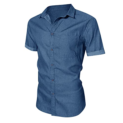 Business Hemd Herren, Hemd Herren Kurzarm Hawaii Hemden Hemde Herren Modern Kurzärmliges Bluse Polyester Gemütlich Schule Solid Frühlin Hemd Herren Loose Knöpfen Kurzer V Ausschnitt Blau XL von AYAZER